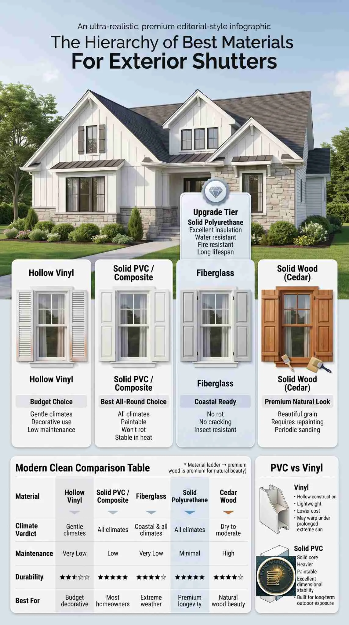 Best Exterior Shutters 2026: Vinyl, PVC, Wood + Brick Rules