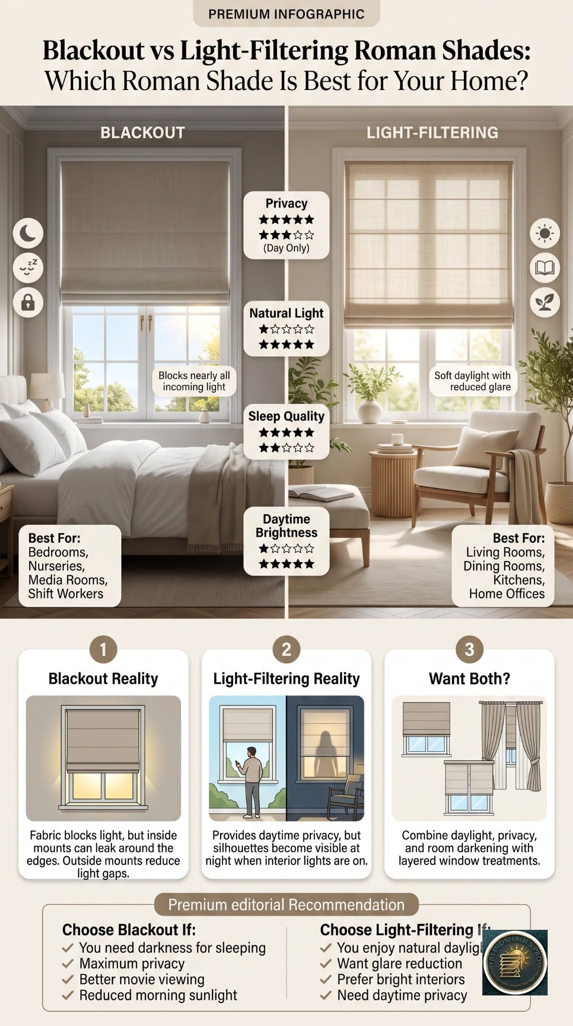Blackout vs Light-Filtering Roman Shades