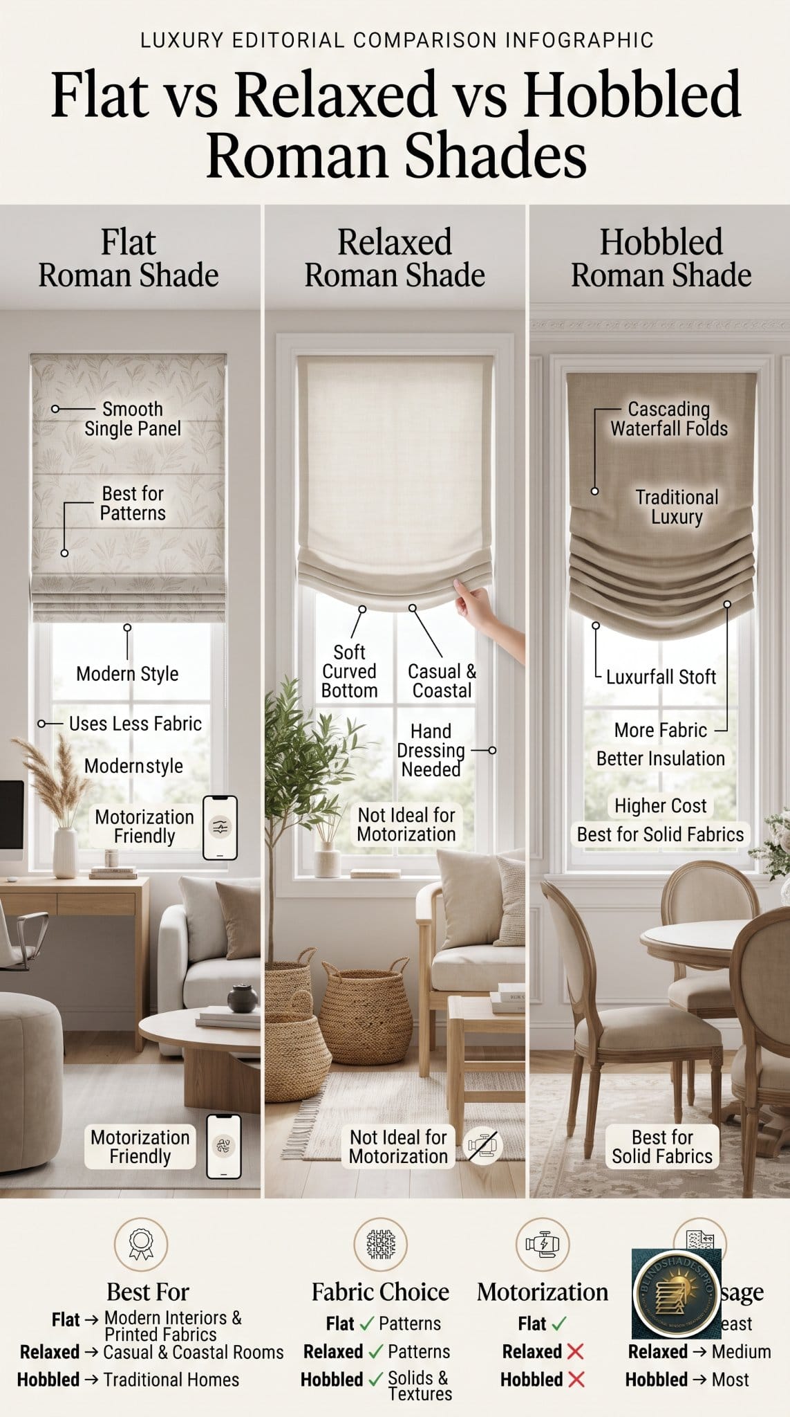 Flat vs Relaxed vs Hobbled Roman Shades: Fold Styles Explained