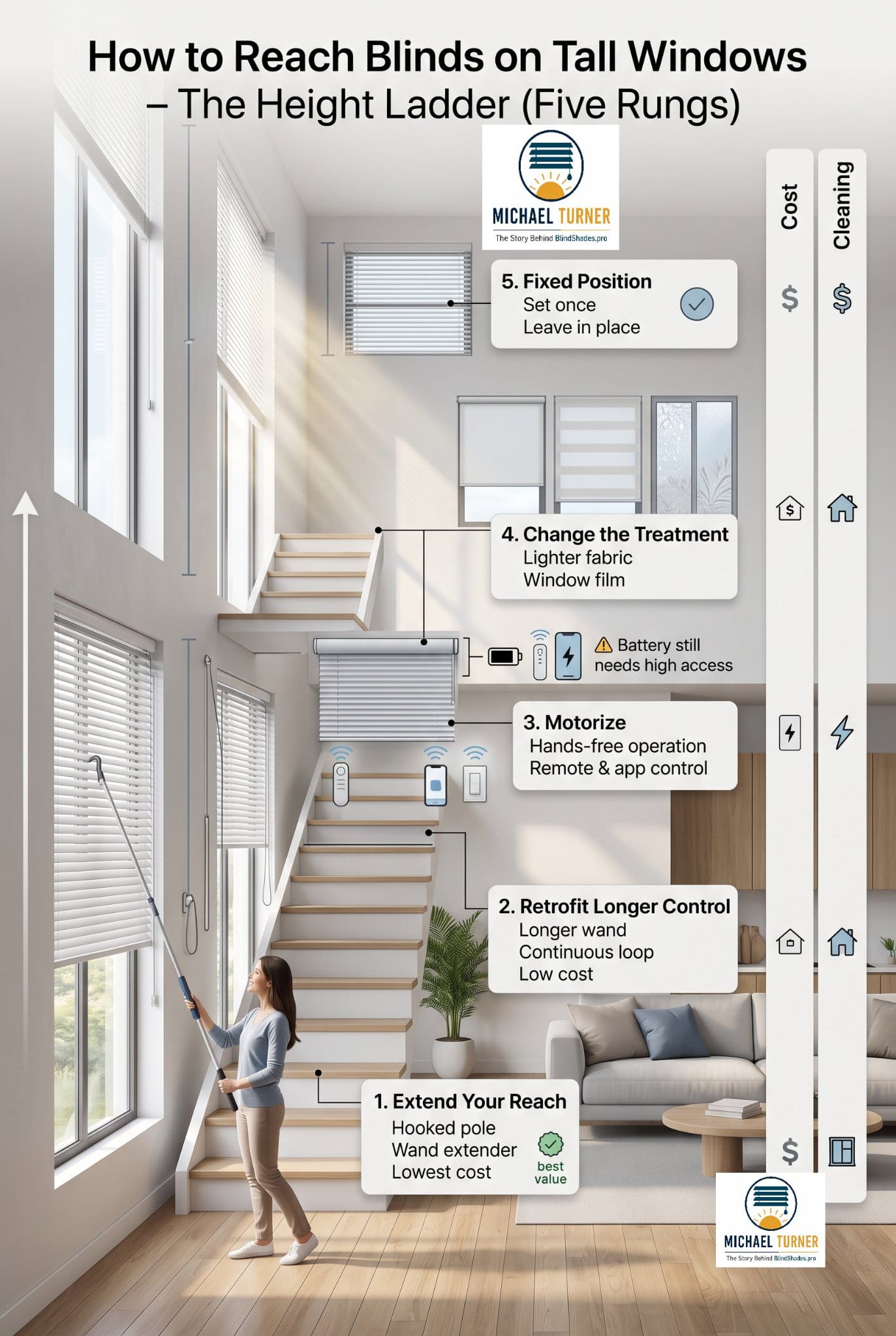 How to Reach Blinds on Tall Windows: The Height Ladder